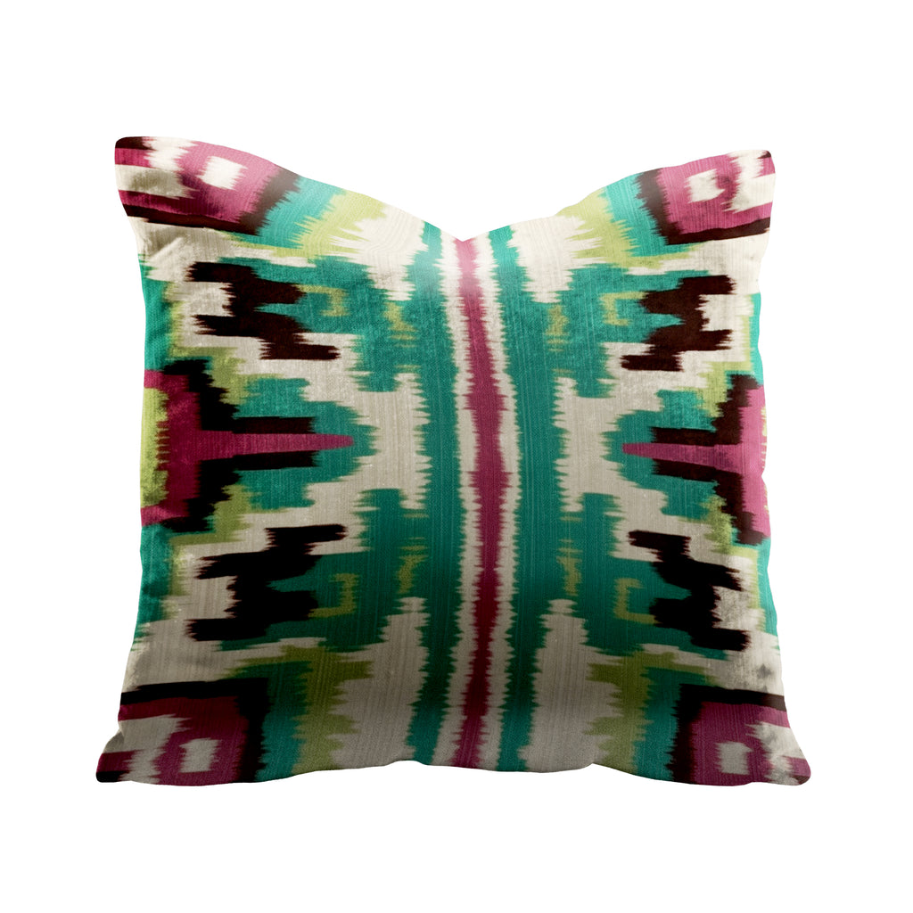 Green Ikat Print Pillow with Center Stripe