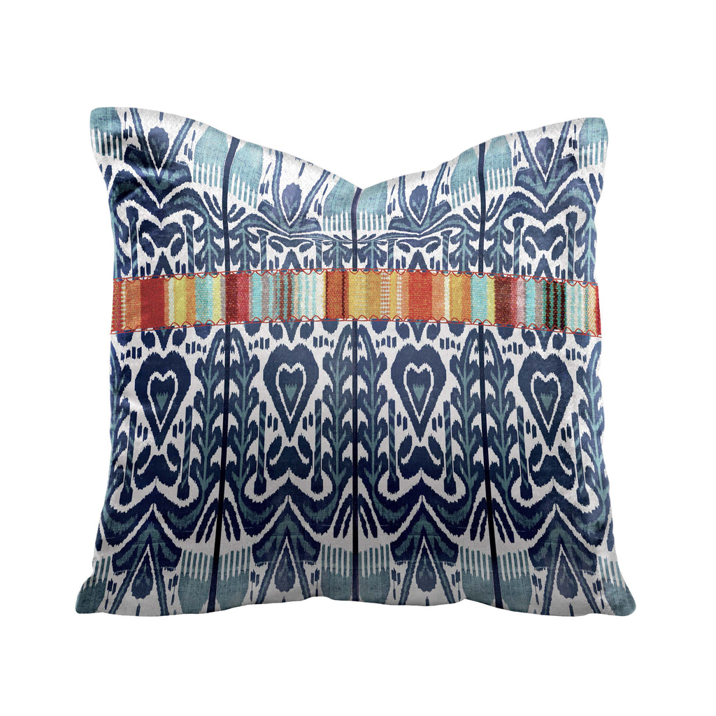 Blue and White Ikat Inspired Pillow with Multicolored Striped Band