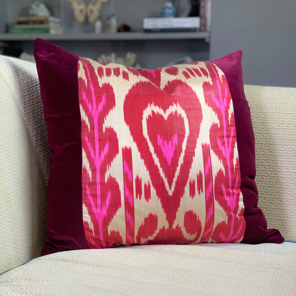 Handmade One-of-a-Kind Burgundy Velvet & Vintage Pink Woven Ikat Pillow