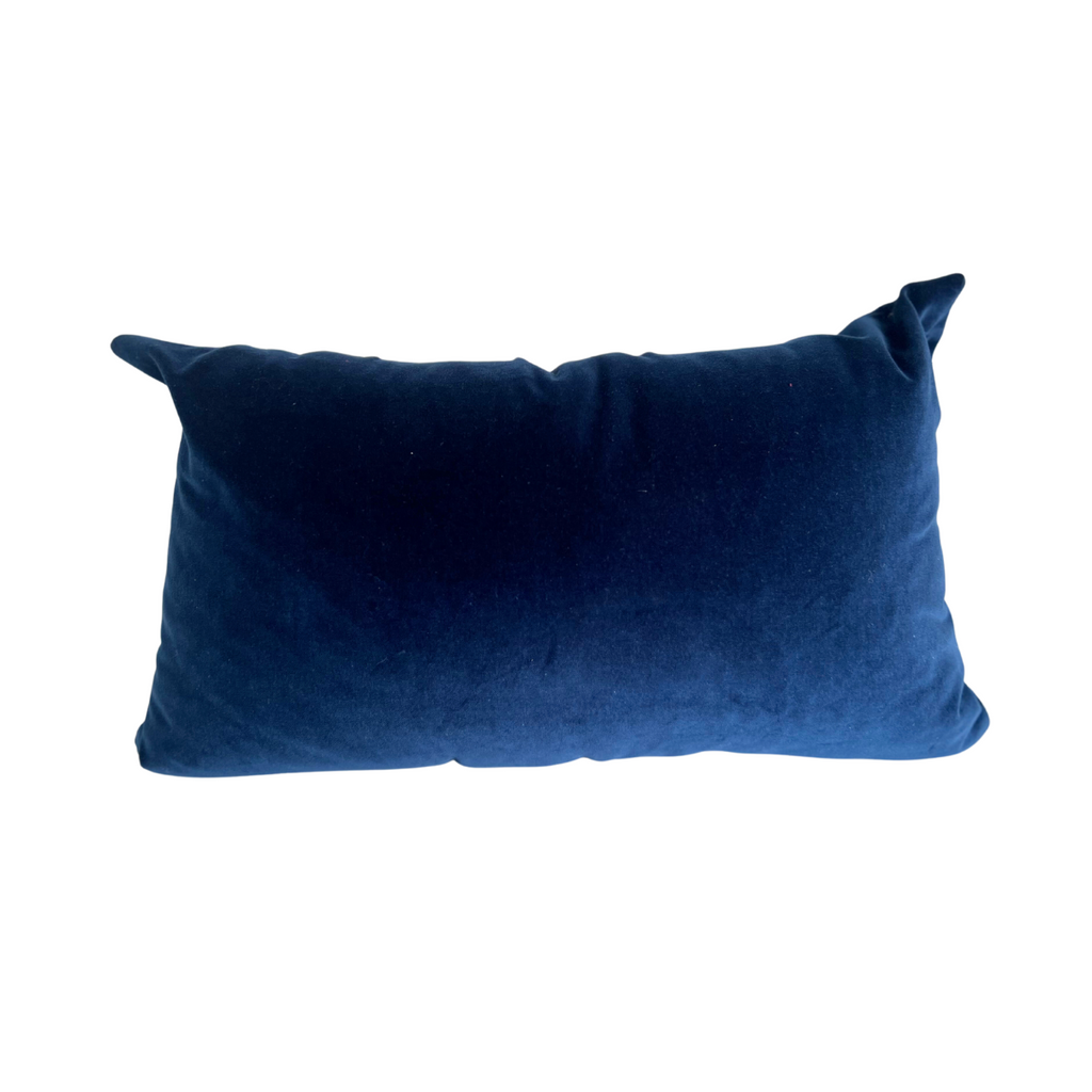 Handmade One-of-a-Kind Navy Velvet Lumbar Woven Ikat Pillow with Vintage Blue and White Ikat Fabric
