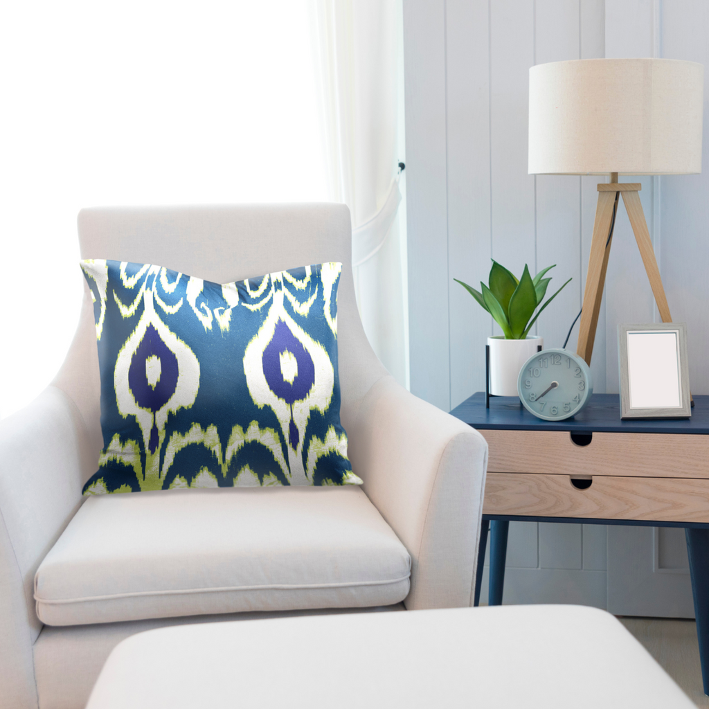 Blue and White Ikat Print Pillow with Green Detail