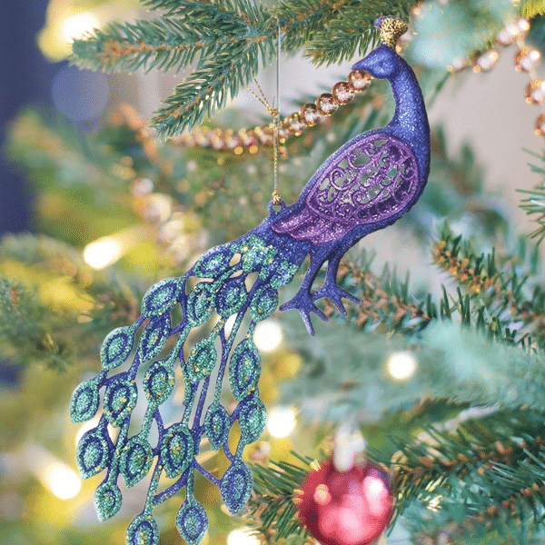 Pair of Teal and Purple Peacock Glitter Ornaments