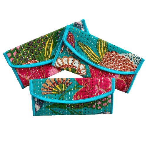 The Salena - Foldover Kantha Clutch in Turquoise