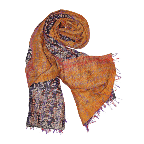 Silk Kanta Kantha Patchwork Scarf Handmade in India 78 Kanta Orange and Red Scarf display picture 1