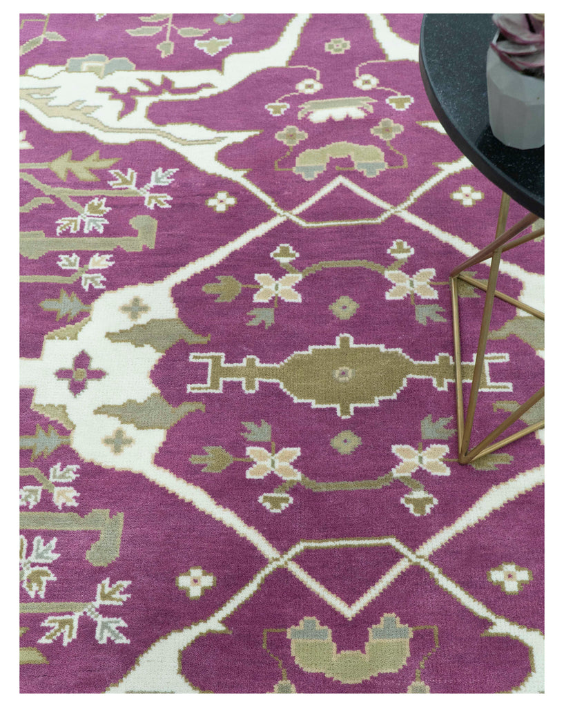 Purple, Ivory And Beige Traditional Oushak Design Hand Knotted 9x13 wool area rug