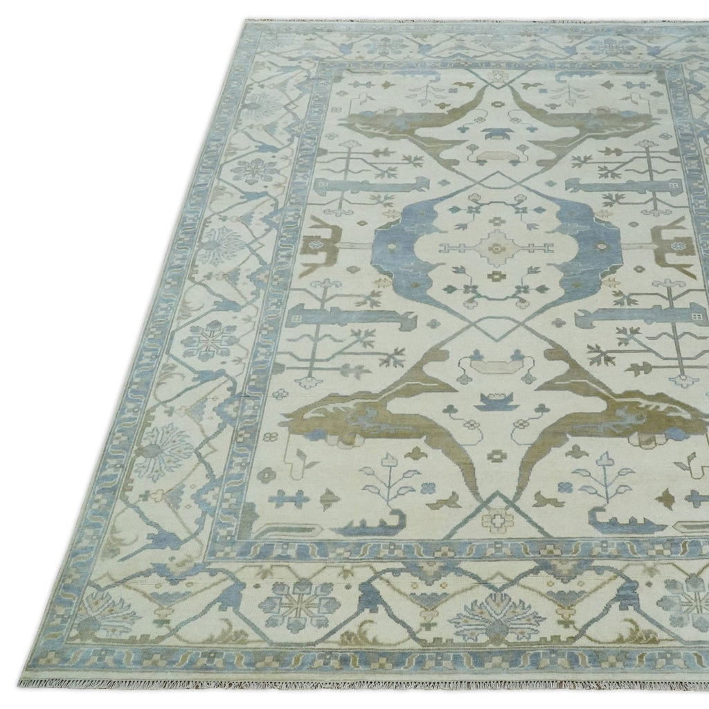 10x14 Ivory, Charcoal & Olive Hand-Knotted Traditional Oriental Oushak Rug