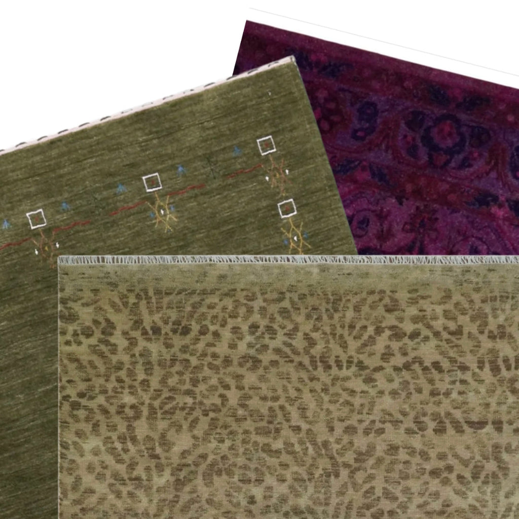 Three different patterned rugs displayed side by side on a white background.