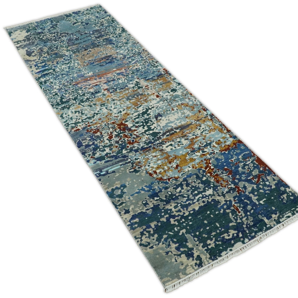 2.6x10 Fine Hand-Knotted Modern Abstract Wool & Silk Runner  - Blue | AGR12