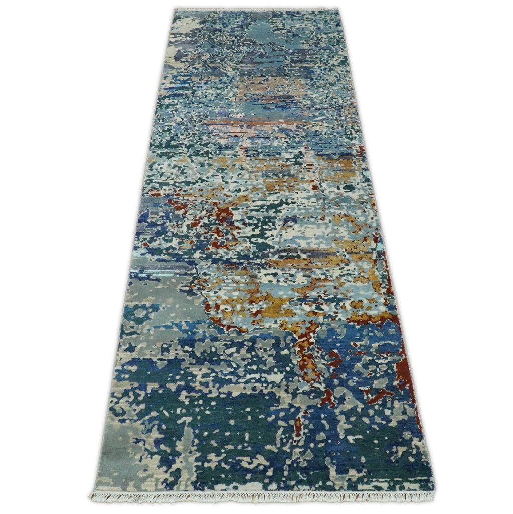 2.6x10 Fine Hand-Knotted Modern Abstract Wool & Silk Runner  - Blue | AGR12