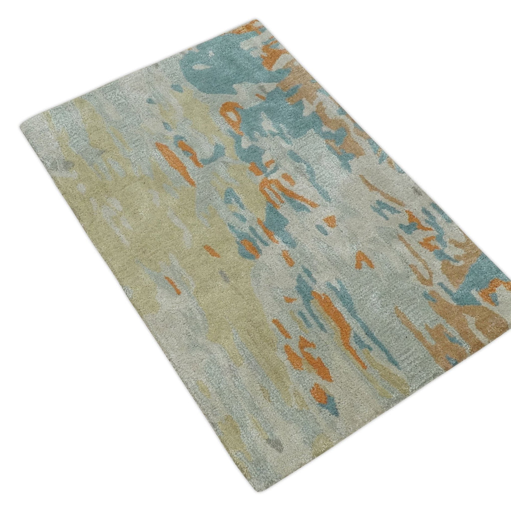 2x3 Handmade Abstract Design Silver, Beige, Teal and Rust made with fine wool Area Rug | TRDCP126423