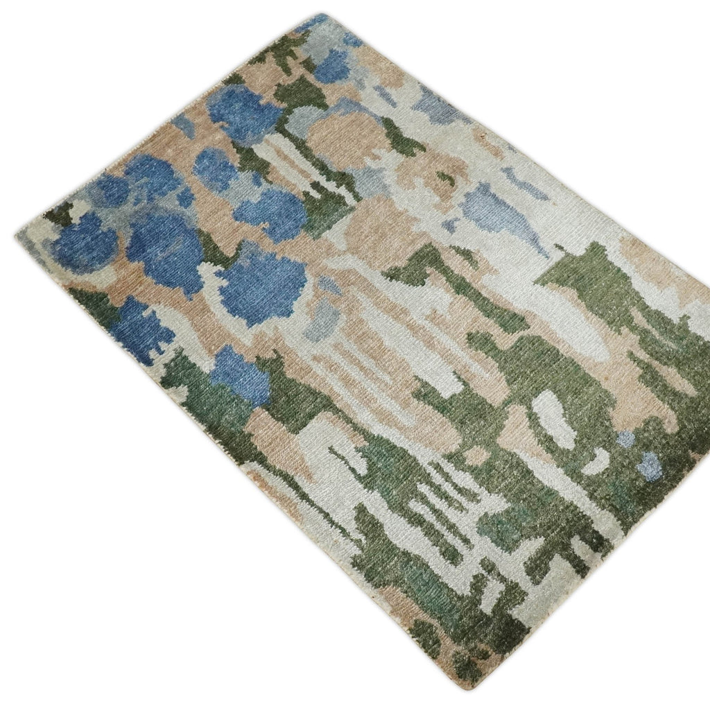 2x3 Modern Abstract Green, Peach, Silver and Blue Rug made with Art Silk| N3723