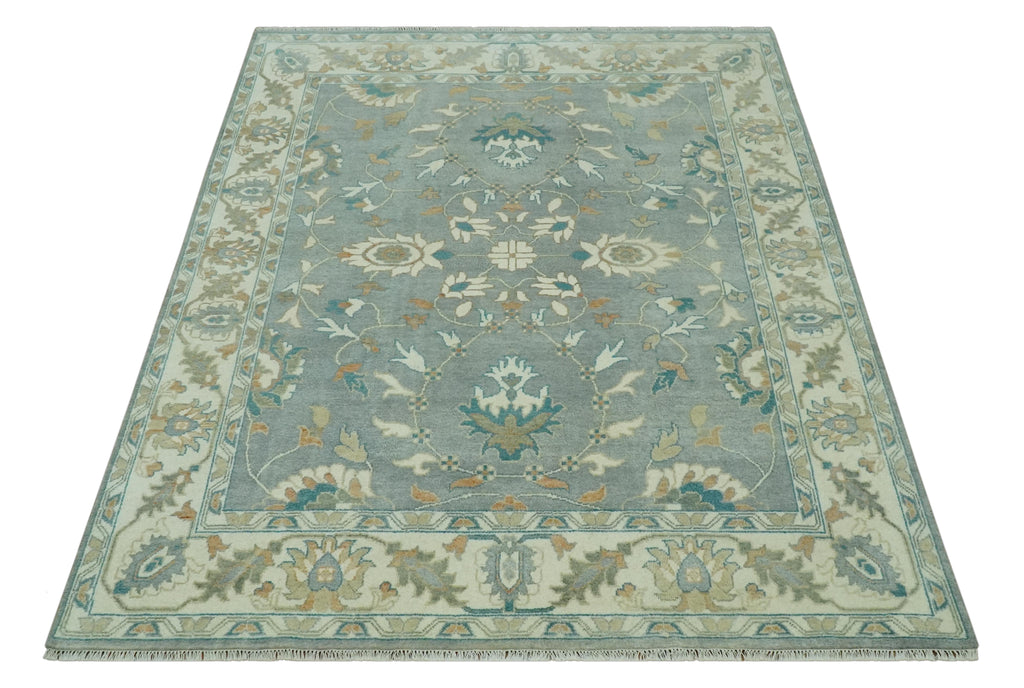8x10 Traditional Floral Silver and Ivory Hand Knotted wool area rug