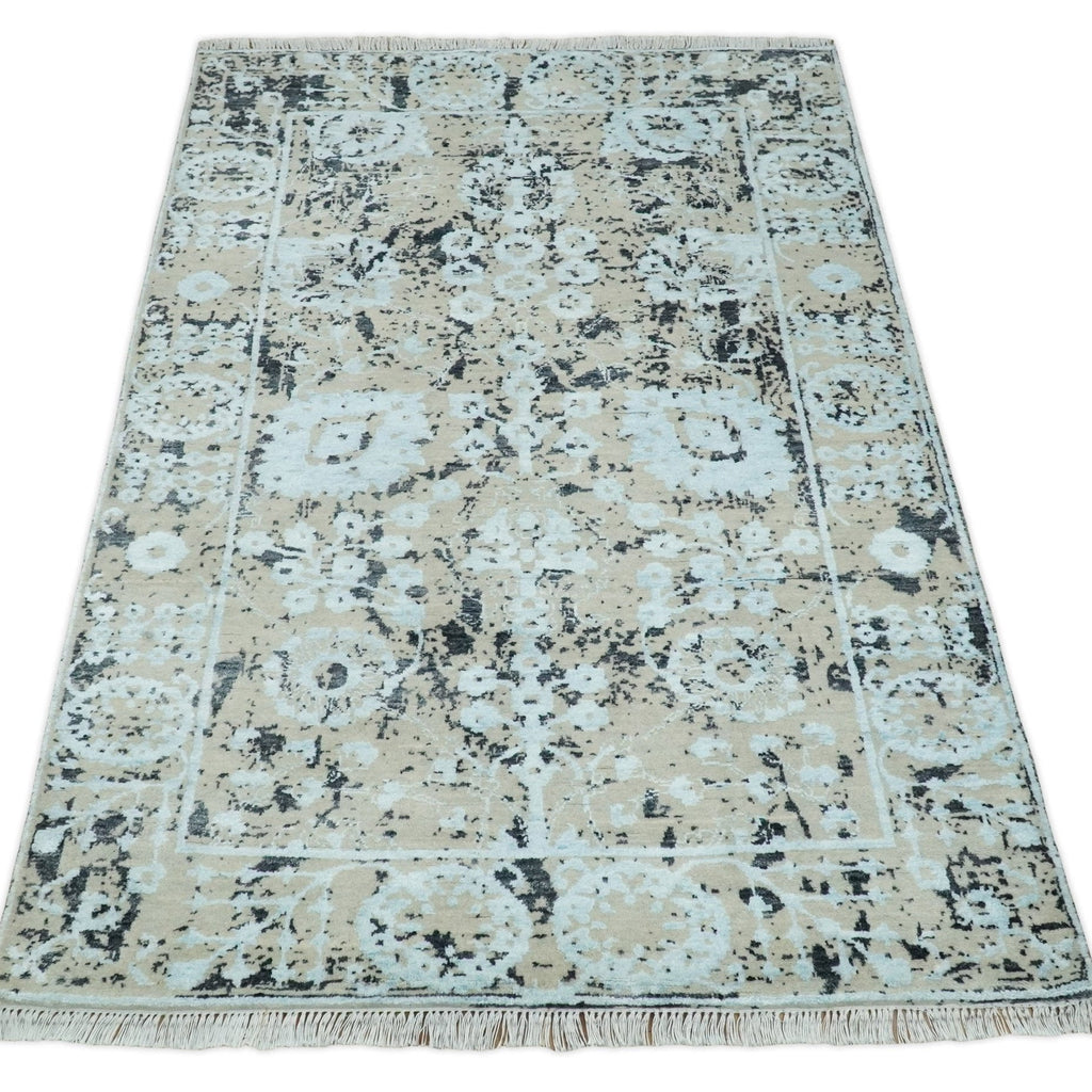 4x6 Fine Hand Knotted Aqua, Beige & Black Traditional Wool & Bamboo Silk Rug | AGR10