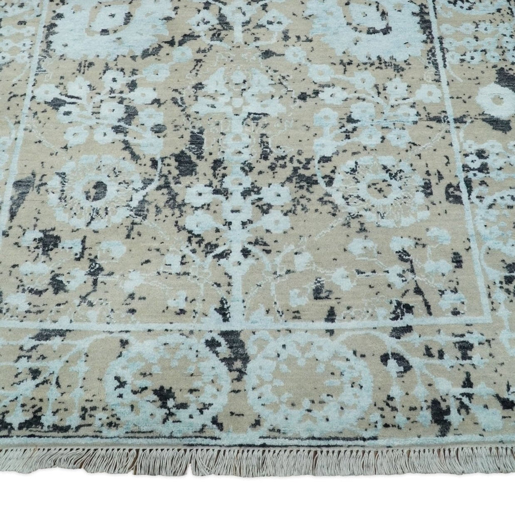 4x6 Fine Hand Knotted Aqua, Beige & Black Traditional Wool & Bamboo Silk Rug | AGR10