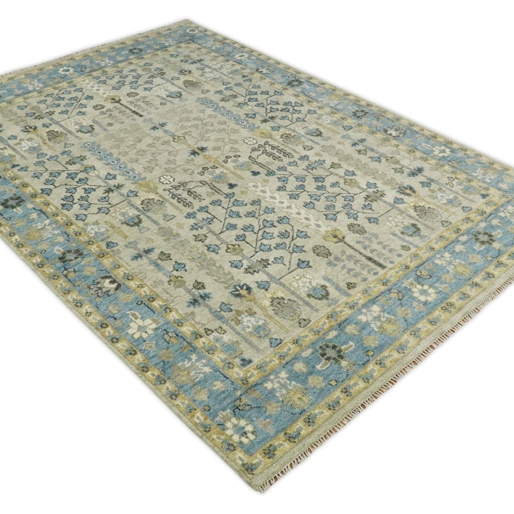 Tree of Life Beige & Blue Traditional Hand-Knotted Wool Area Rug