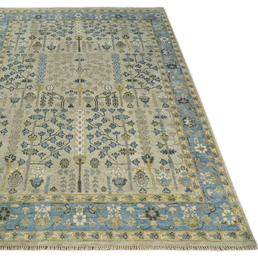 Tree of Life Beige & Blue Traditional Hand-Knotted Wool Area Rug