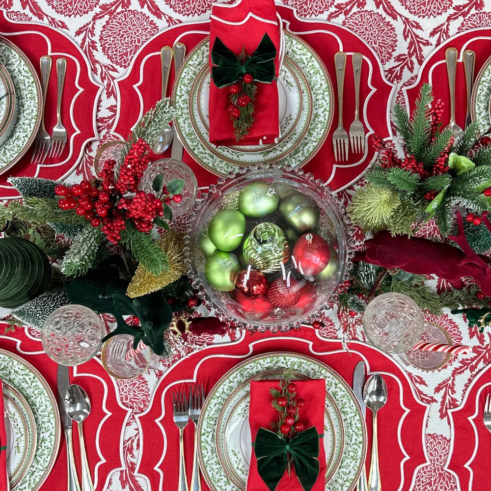 Red Flower & Vine - Indian Block Print Tablecloth