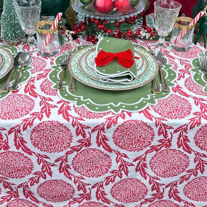 Red Flower & Vine - Indian Block Print Tablecloth