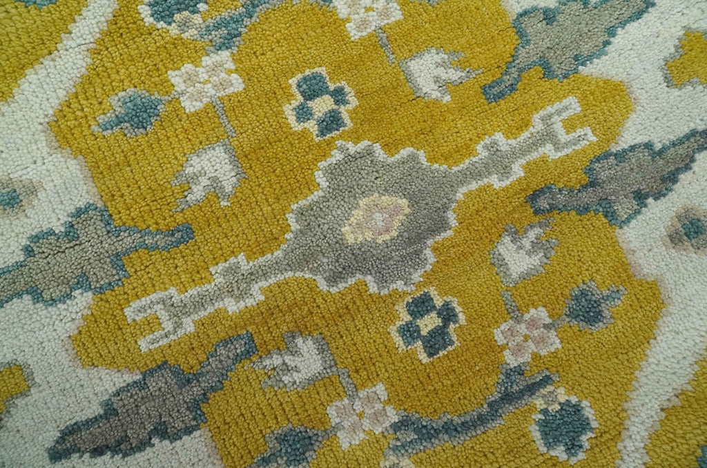 6x9 Mustard, Ivory and Gray Hand Knotted Traditional Oriental Oushak wool area rug