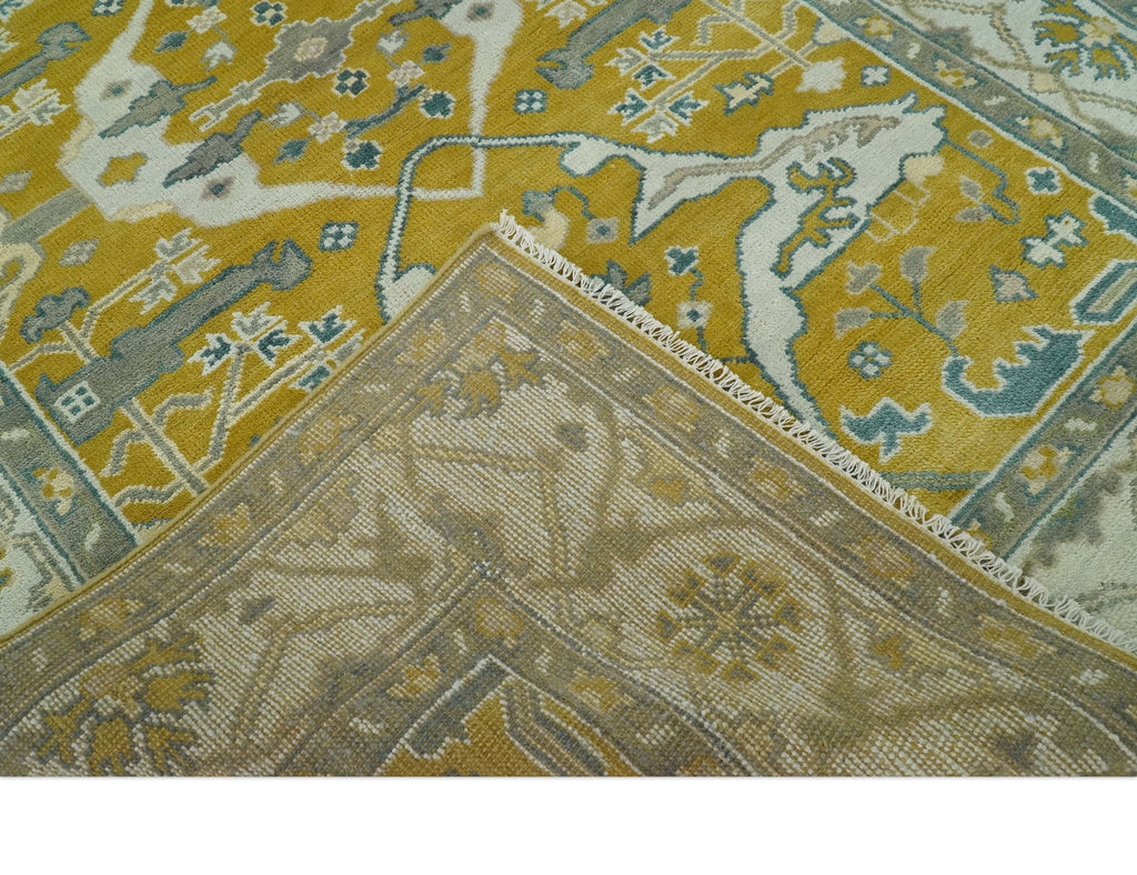 6x9 Mustard, Ivory and Gray Hand Knotted Traditional Oriental Oushak wool area rug