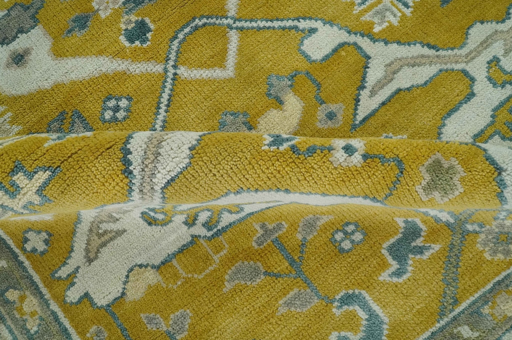 6x9 Mustard, Ivory and Gray Hand Knotted Traditional Oriental Oushak wool area rug