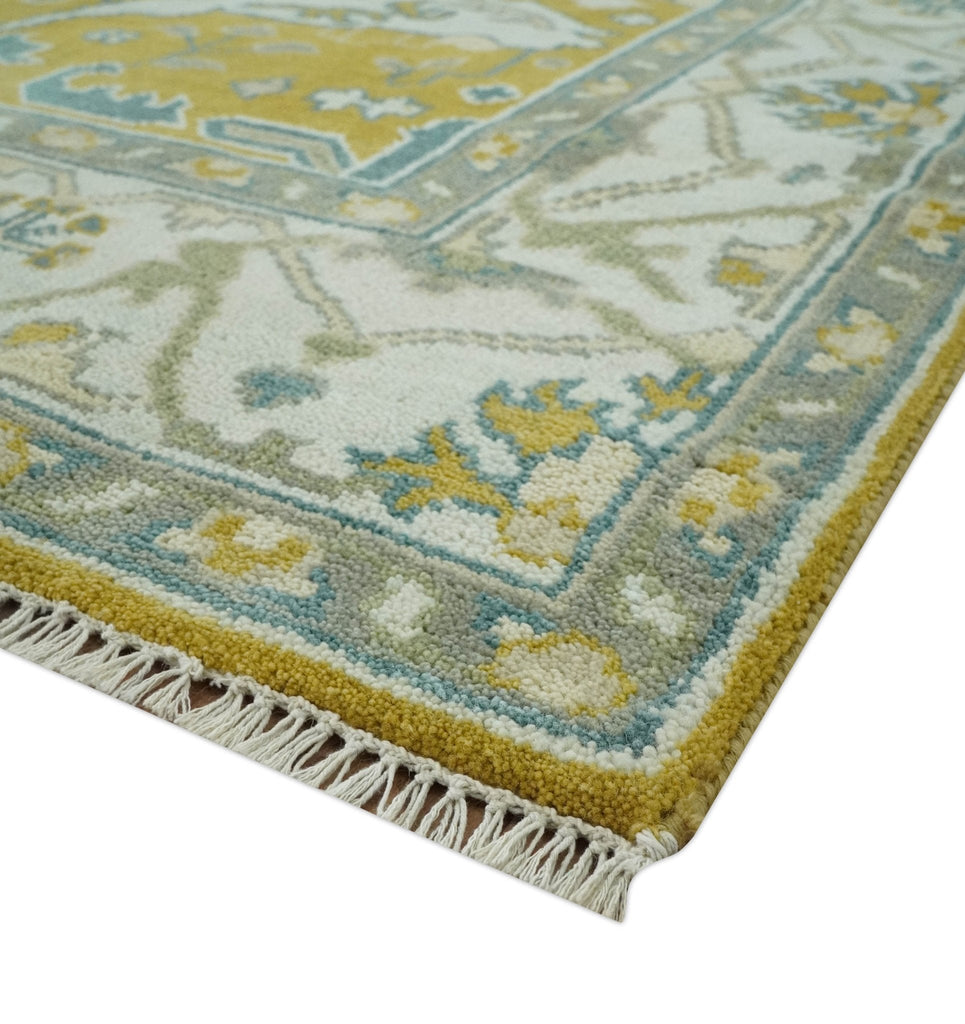 6x9 Mustard, Ivory and Gray Hand Knotted Traditional Oriental Oushak wool area rug