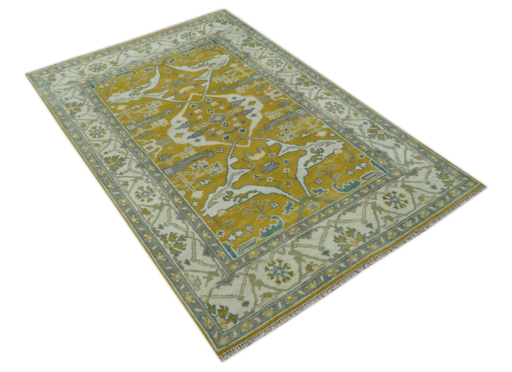 6x9 Mustard, Ivory and Gray Hand Knotted Traditional Oriental Oushak wool area rug