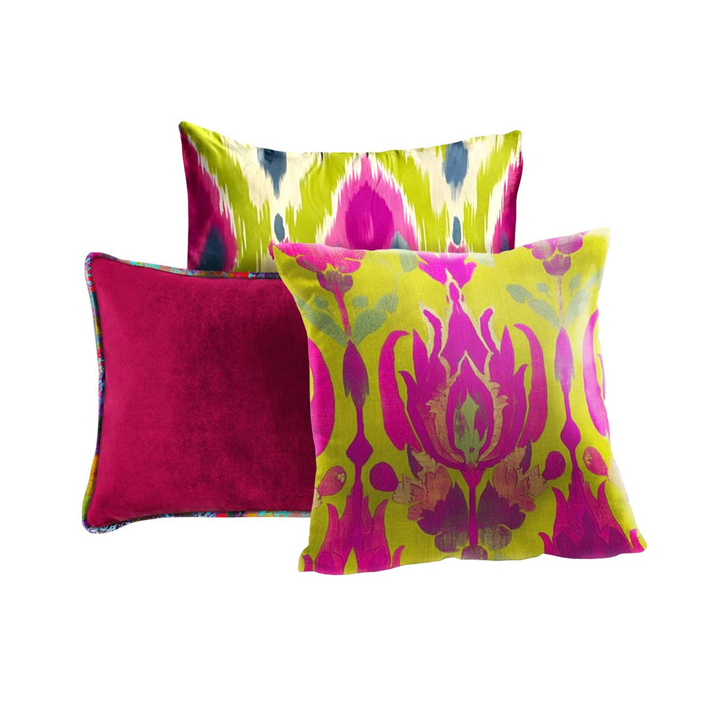 Magenta and Lime Green Floral Ikat Inspired Pillow