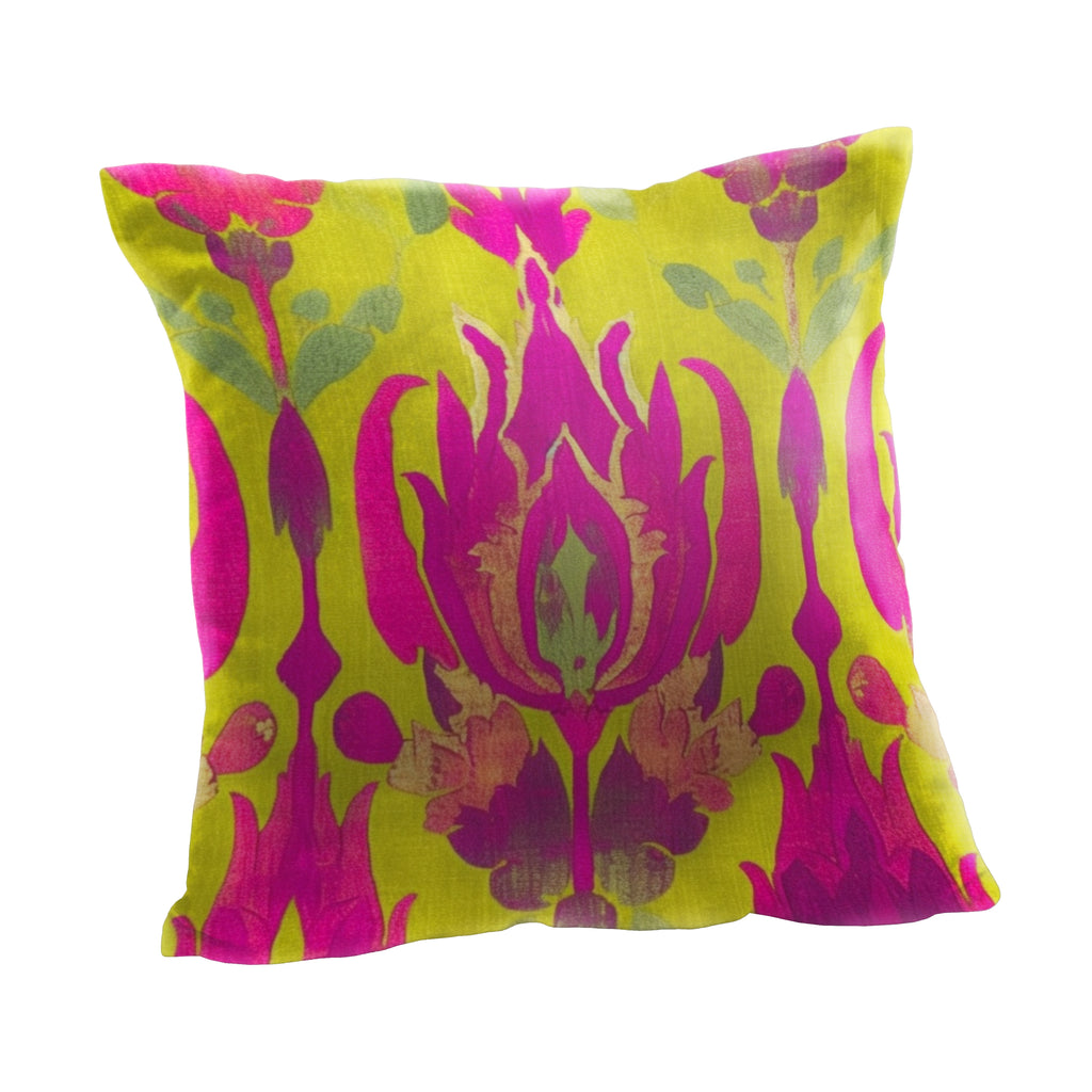 Magenta and Lime Green Floral Ikat Print Pillow