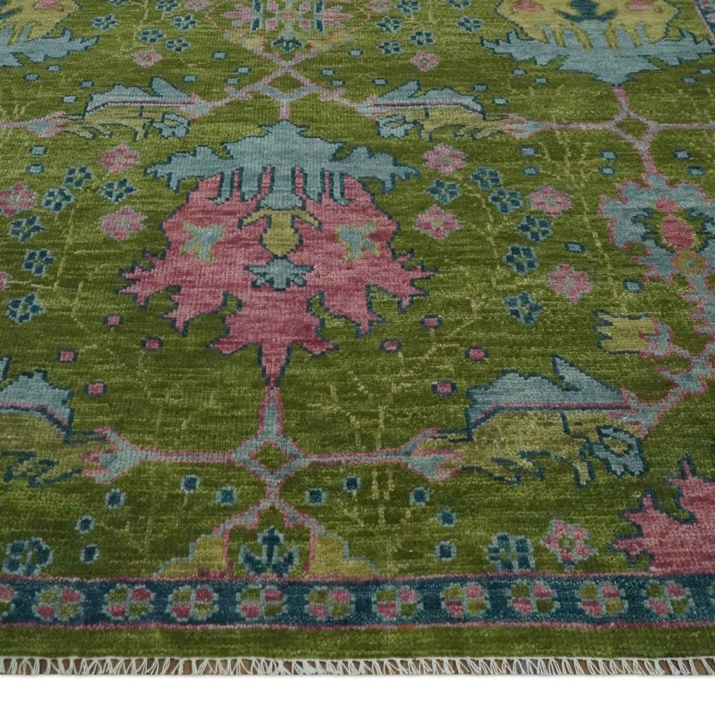 Moss Green, Blue and Peach Hand Knotted Vibrant colorful Donegal Design Multi Size Wool Area Rug