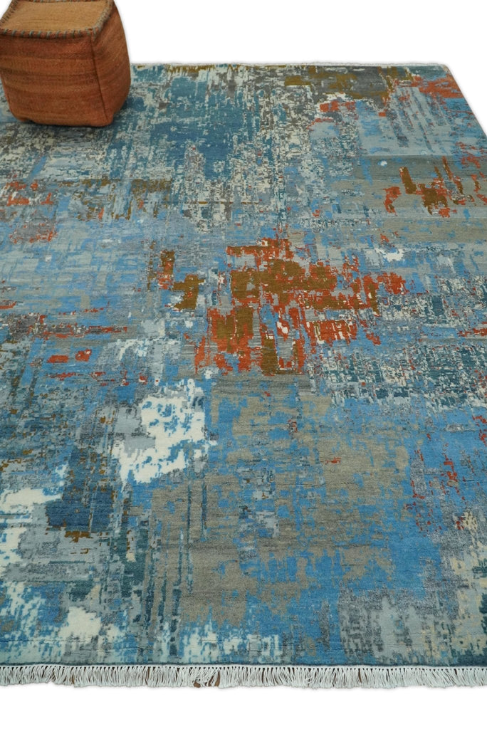 8x10 Fine Hand Knotted Beige and Blue Modern Abstract Style Antique Wool and Silk Area Rug | AGR43