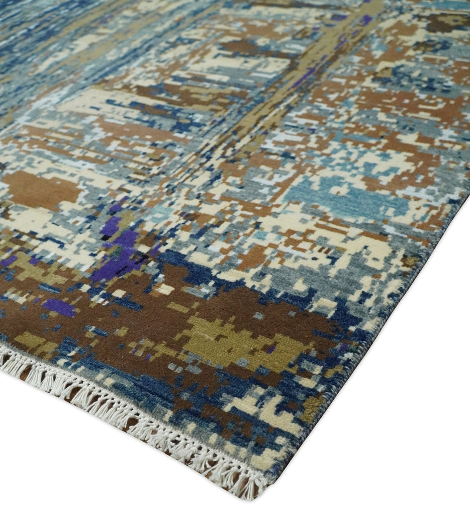 8x10 Fine Hand Knotted Brown Multicolor Modern Abstract Wool and Bamboo Silk Area Rug | AGR19