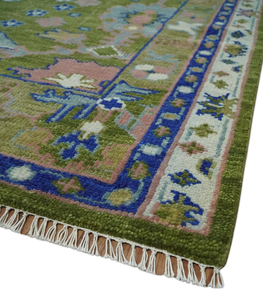 8x10 Green, Blue and Peach Hand Knotted Vibrant Donegal Floral Wool Rug