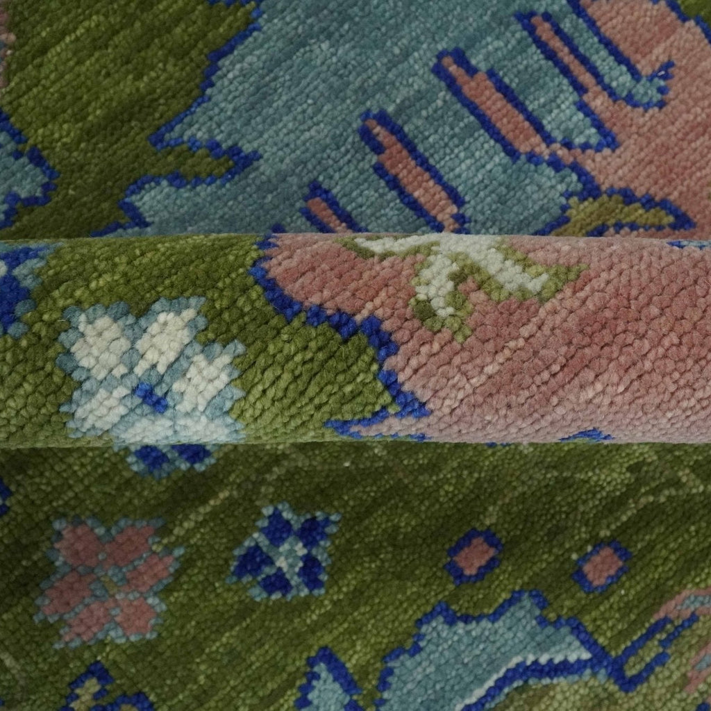8x10 Green, Blue and Peach Hand Knotted Vibrant Donegal Floral Wool Rug