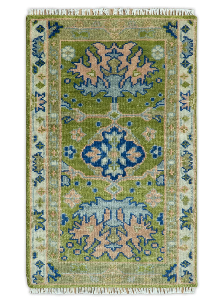 8x10 Green, Blue and Peach Hand Knotted Vibrant Donegal Floral Wool Rug