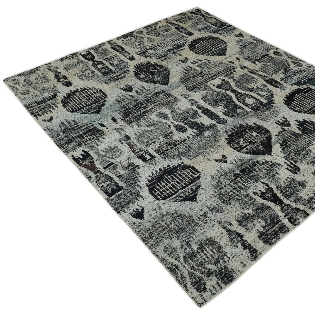 4x6 & 8x10 Hand Knotted Ivory, Charcoal & Brown Recycled Silk Rug | OP46