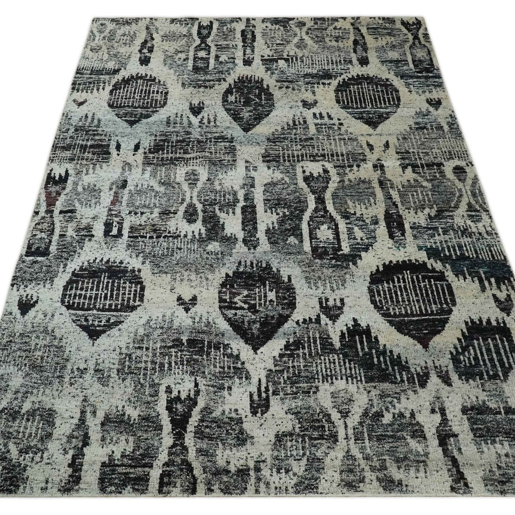 4x6 & 8x10 Hand Knotted Ivory, Charcoal & Brown Recycled Silk Rug | OP46