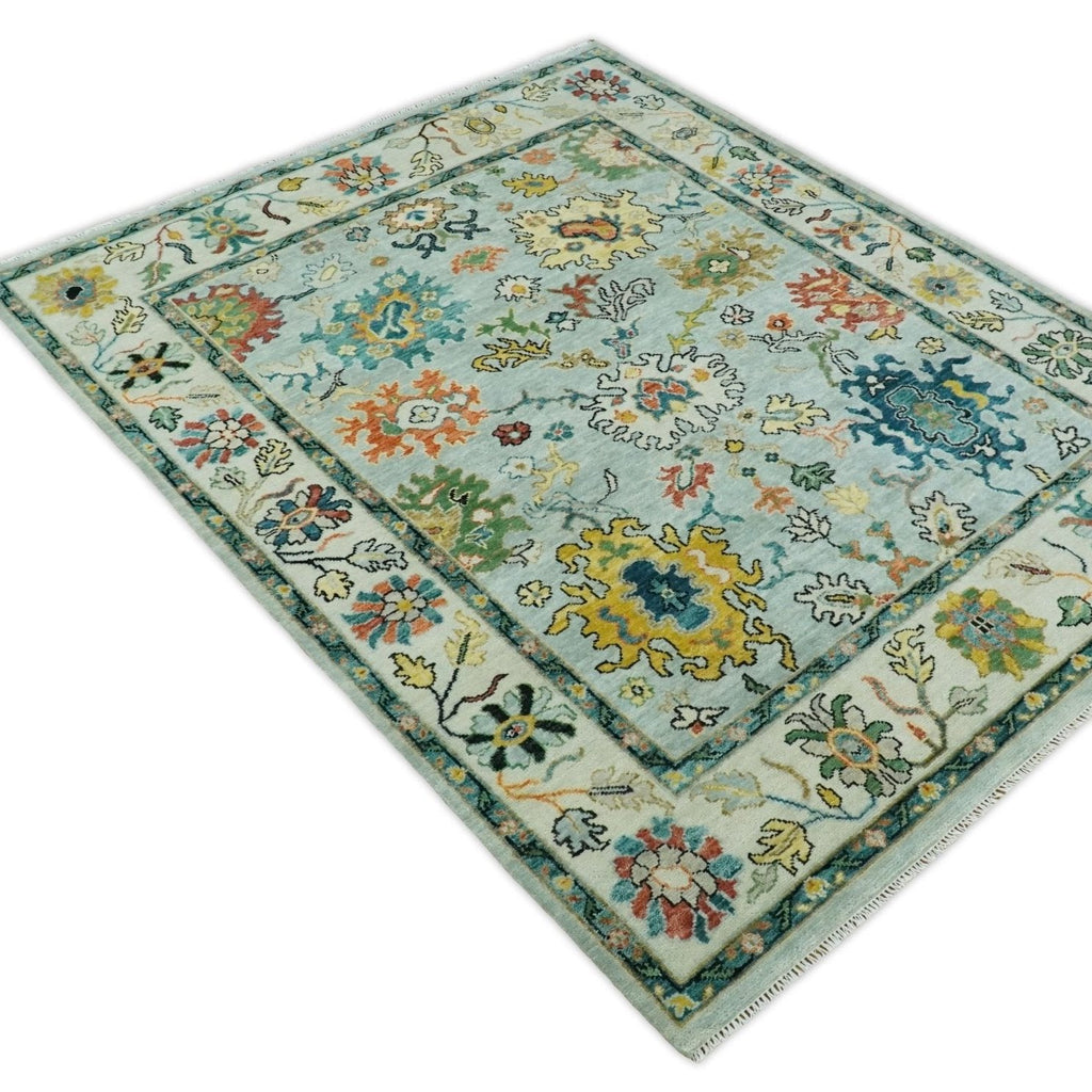 Vibrant Colorful Aqua, Ivory, Gold and Rust Hand Knotted Traditional Oushak Multi Size wool Area Rug