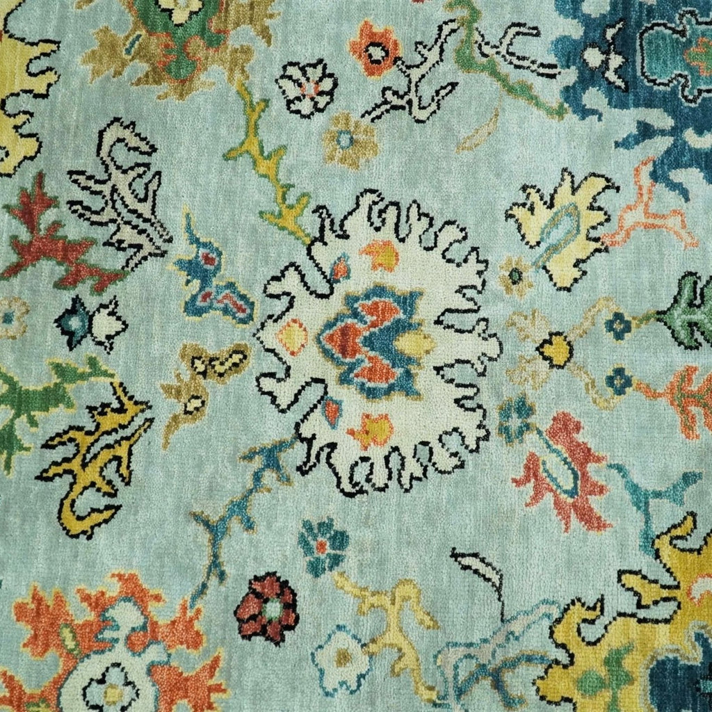 Vibrant Colorful Aqua, Ivory, Gold and Rust Hand Knotted Traditional Oushak Multi Size wool Area Rug