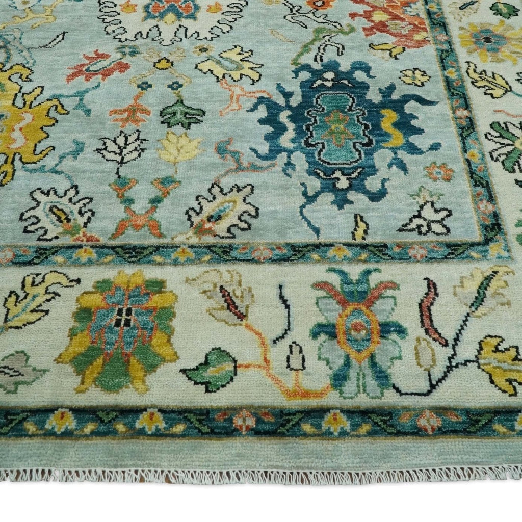 Vibrant Colorful Aqua, Ivory, Gold and Rust Hand Knotted Traditional Oushak Multi Size wool Area Rug