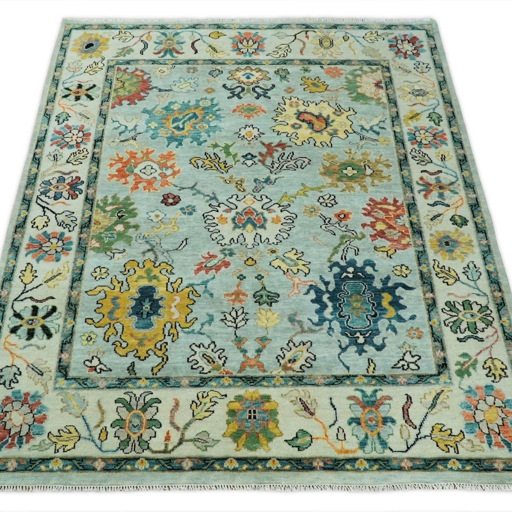 Vibrant Colorful Aqua, Ivory, Gold and Rust Hand Knotted Traditional Oushak Multi Size wool Area Rug