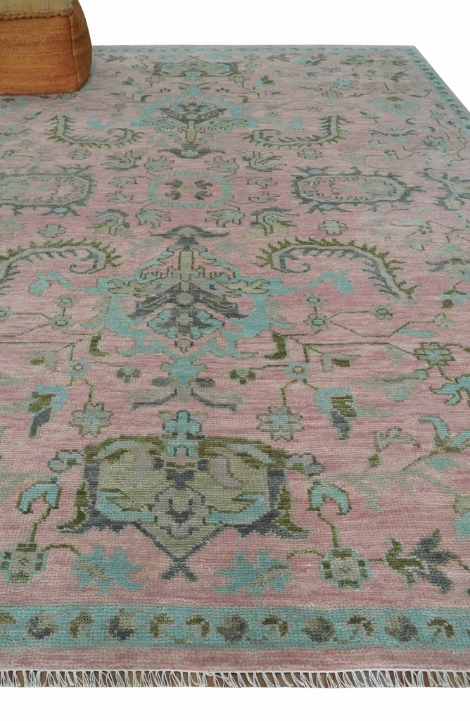 9x12 Hand Knotted Pink and Aqua Oriental Oushak Traditional Wool Area Rug