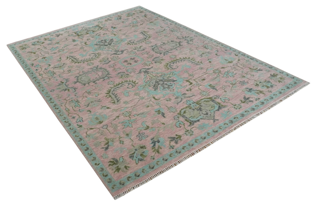 9x12 Hand Knotted Pink and Aqua Oriental Oushak Traditional Wool Area Rug