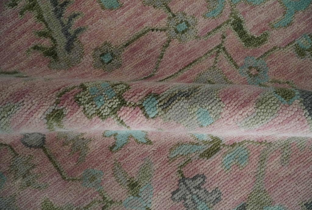 9x12 Hand Knotted Pink and Aqua Oriental Oushak Traditional Wool Area Rug