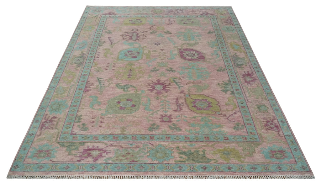 9x12 Hand Knotted Pink, Aqua and Purple Vibrant colorful Oushak Wool Area Rug