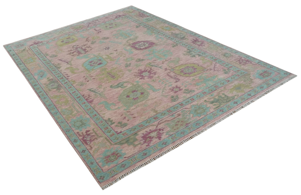 9x12 Hand Knotted Pink, Aqua and Purple Vibrant colorful Oushak Wool Area Rug