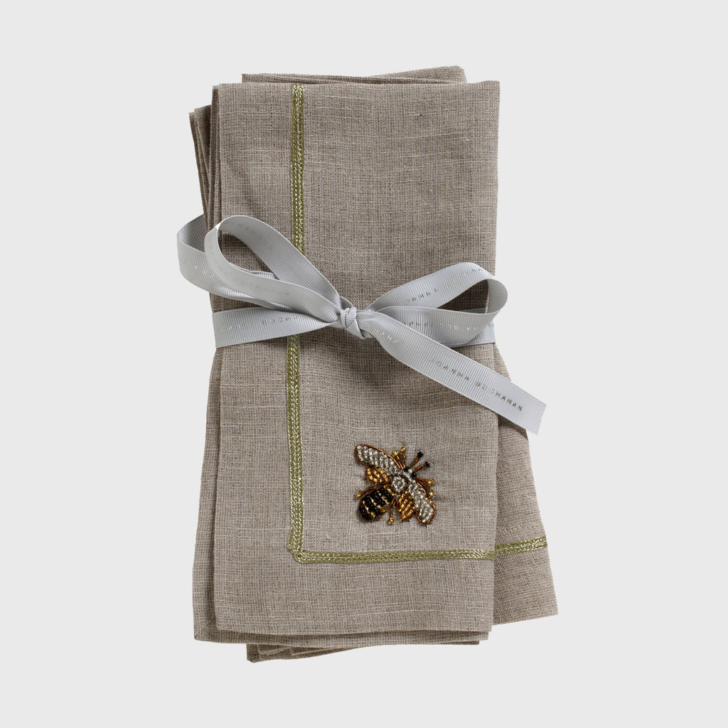 Stripey Bee Linen Dinner Napkins, Flax, Set of 2