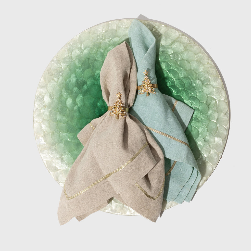 Gold trim dinner napkins, seafoam, set of two