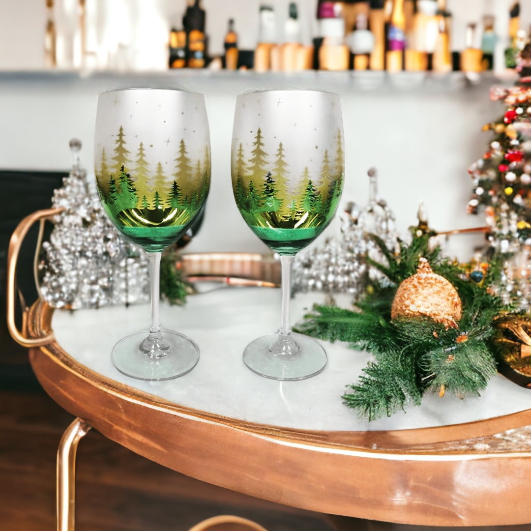 Green Pine Tree Wine Glasses