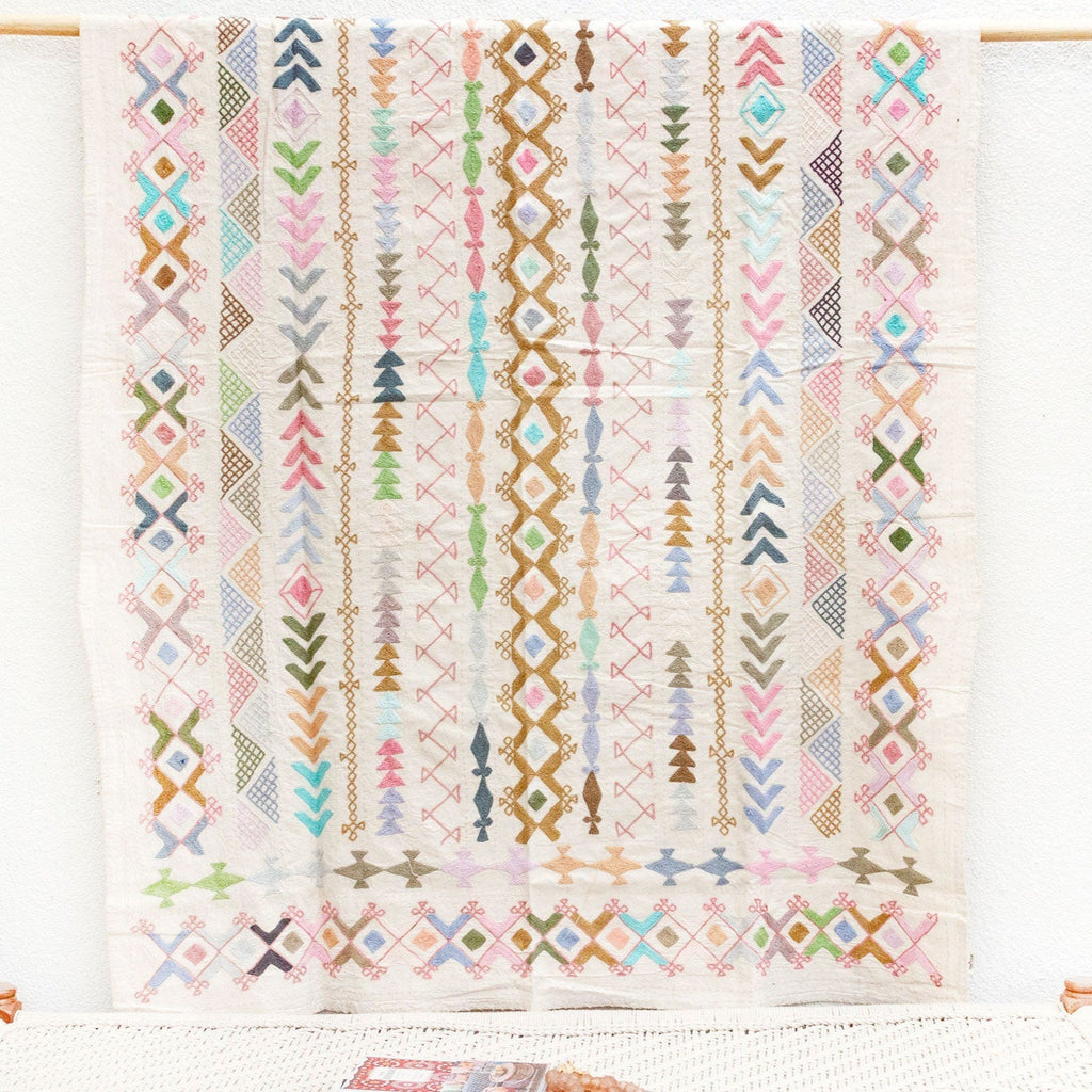 Abstract Pastel Hand-stitched Cotton Tribal Kantha Throw
